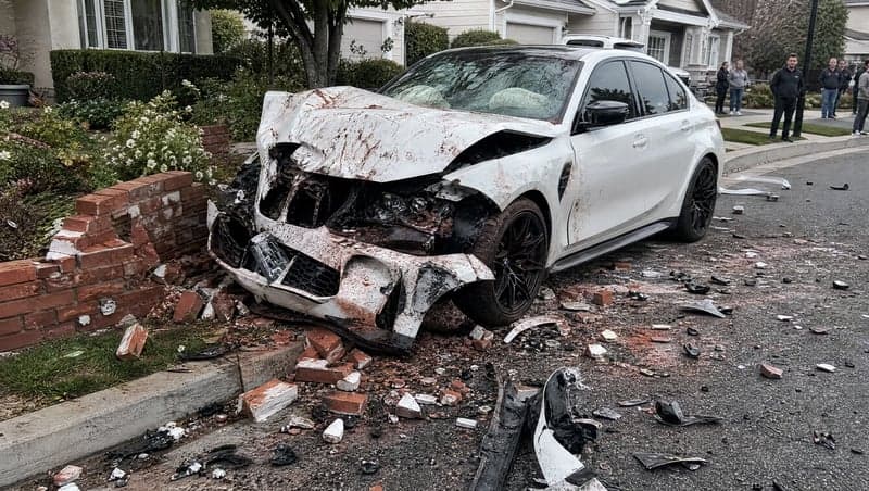 Before and after AI-generated photo of a crashed BMW used for a "I wrecked your car" prank