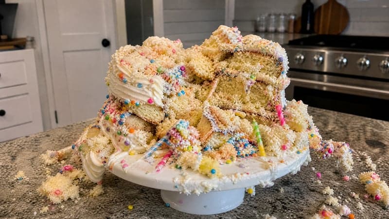 Before and after AI image of a smashed birthday cake on the floor for a prank