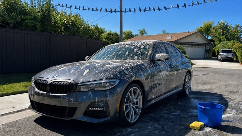 Before and after AI image showing a car covered in pigeon droppings for a prank