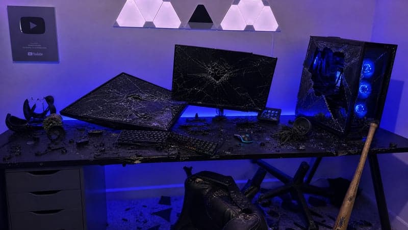 Before and after AI image of a trashed desk with spilled coffee on a laptop for a prank