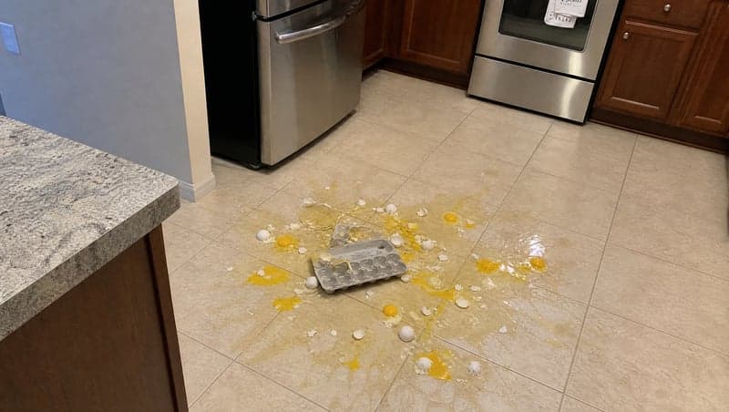 Before and after AI image of a dozen broken eggs on the kitchen floor for a prank