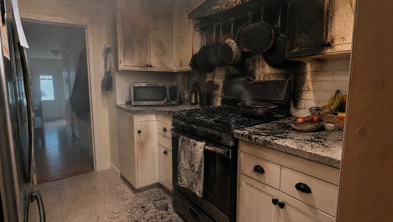 Before and after AI image of a kitchen showing fire damage for a prank
