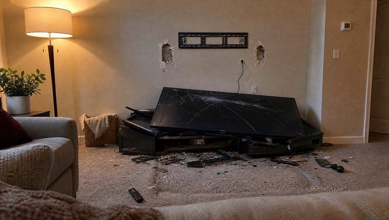 Before and after AI image of a destroyed living room used for a prank