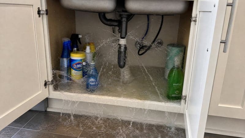 Before and after AI image of an overflowing kitchen sink for a prank