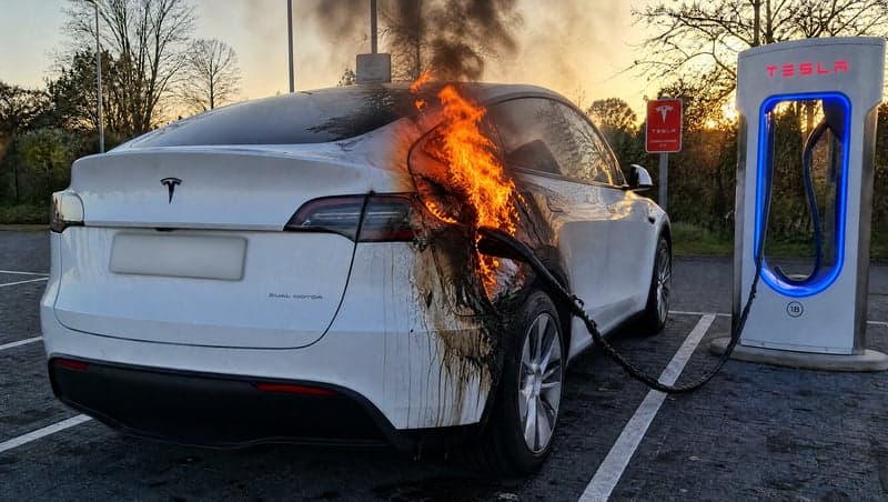 Before and after AI image showing a wrecked Tesla used for a prank
