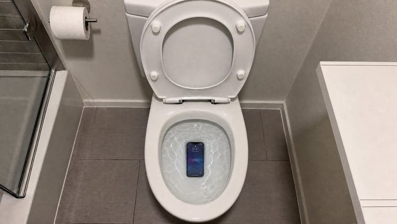 Before and after AI image of a phone dropped in a toilet bowl for a prank