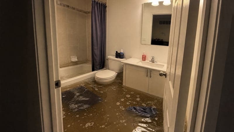 Before and after AI image of a flooded bathroom used for a prank